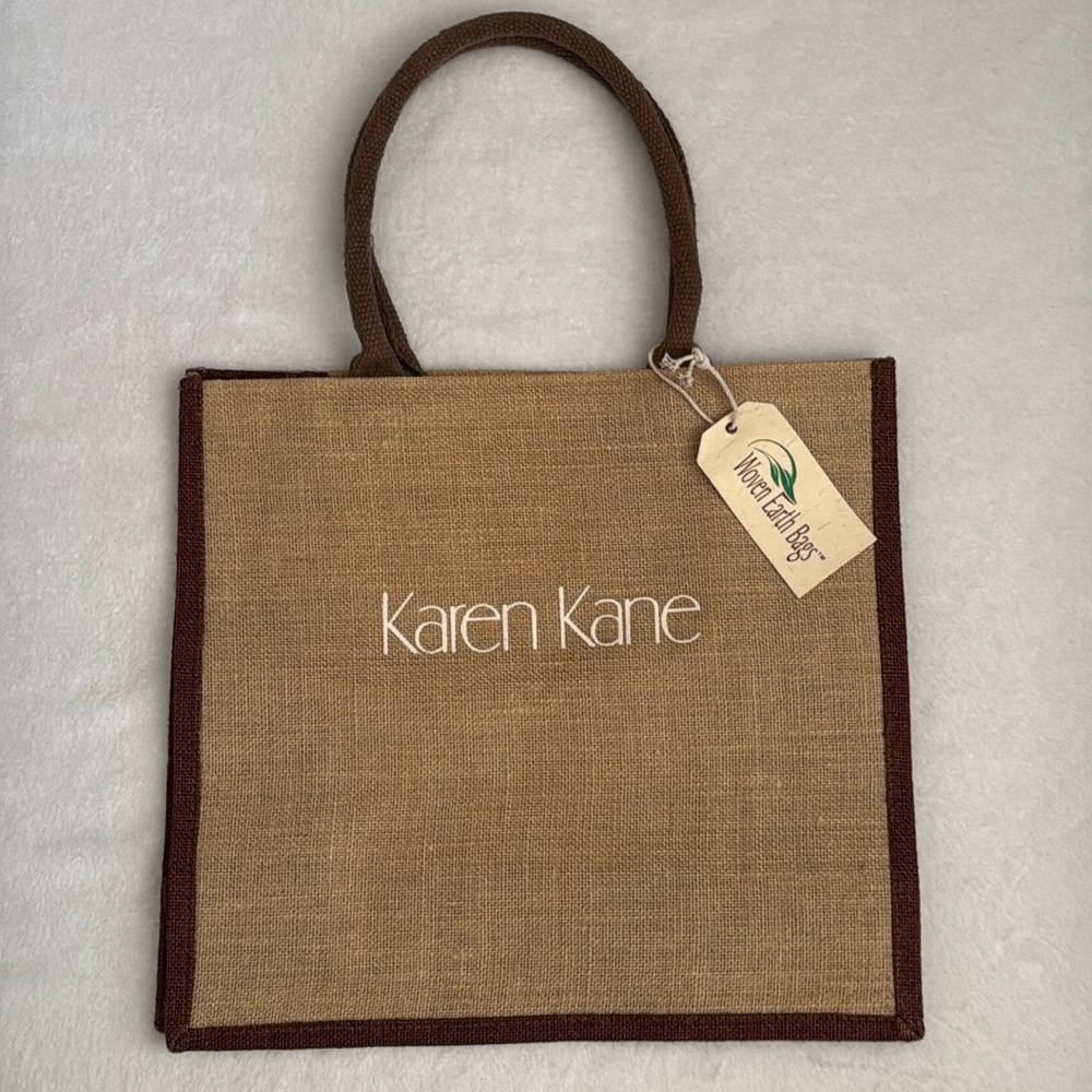 {NWT} Karen Kane | Woven Earth Bags Logo Tote Bag 100% Laminated Jute BLB121CH